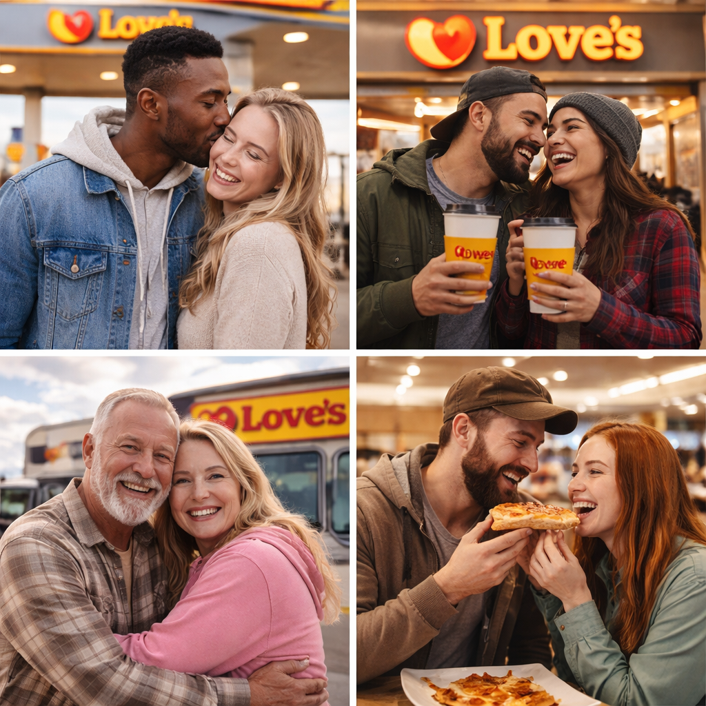 A collage of four warm, romantic photos showing happy couples sharing affectionate moments outside and inside a Love’s travel stop. The couples smile, hug, laugh over coffee, and share pizza, with the bright Love’s logo visible in the background. The images feature diverse couples of different ages in cozy, joyful settings.